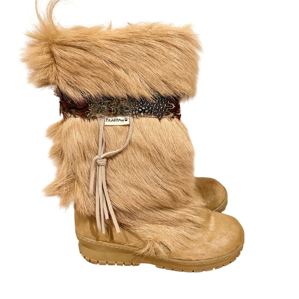 Bearpaw Kola Winter Boots Goat Calf Hair Feather Band Wool Lining Y2K BOHO Sz 7